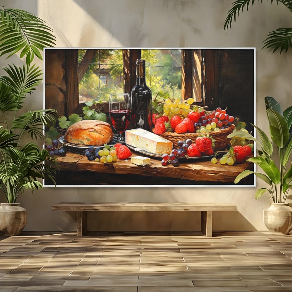 Tablou canvas cu natura moarta cu paine si vin, in rama de aluminiu argintiu